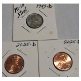 A 1943-D MS-60 steel penny and two 2025-D pennies were made last year.