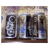 Harley beer cans a Pabst blue ribbon glass beer glasses