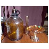 A&W? Brown jug, brown bud vase and carnival glass capote