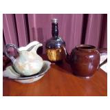 Bowl and pitcher set, liquor bottle, vintage tea pot