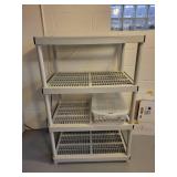 Gray Plastic 4-Shelf Storage Rack with Lidded Tub and PVC Tubes