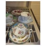 Collection of 8 Vintage Bone China Teacup and Saucer Sets with Floral Patterns - England