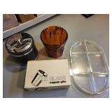 Vintage Barware Set with Ice Bucket, Amber Tumblers, Serving Tray, and Waste Bin