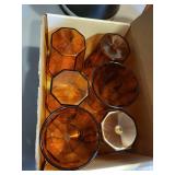 Vintage Barware Set with Ice Bucket, Amber Tumblers, Serving Tray, and Waste Bin