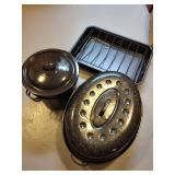 Collection of Graniteware Roaster, Steamer Pot with Inserts, Roasting Pan and Aluminum Baking Sheet