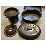 Collection of Graniteware Roaster, Steamer Pot with Inserts, Roasting Pan and Aluminum Baking Sheet