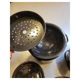 Collection of Graniteware Roaster, Steamer Pot with Inserts, Roasting Pan and Aluminum Baking Sheet