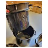 Collection of Graniteware Roaster, Steamer Pot with Inserts, Roasting Pan and Aluminum Baking Sheet