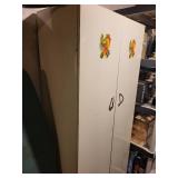 White Metal Storage Cabinet with Shelves and Fruit Design