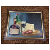 Framed Still Life Oil Painting with Wine, Cheese, and Sausage, 35x45cm