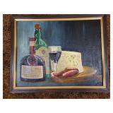 Framed Still Life Oil Painting with Wine, Cheese, and Sausage, 35x45cm