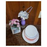 Decorative Lot with Straw Hat, Artificial Flowers, and Purple Vase