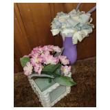 Decorative Lot with Straw Hat, Artificial Flowers, and Purple Vase