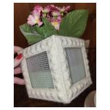 Decorative Lot with Straw Hat, Artificial Flowers, and Purple Vase