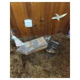 Decorative Nautical Set: Wooden Sailboat, Seagull Sculpture, and Bronze Baby Shoe