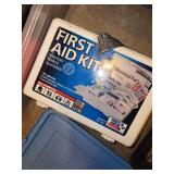 Garage Tool and Accessory Lot with First Aid Kit and Storage Bins