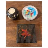 Decorative Hand-Painted Candle Holder, Set of 4 Vintage Drink Coasters, and Lacquer Trinket Box
