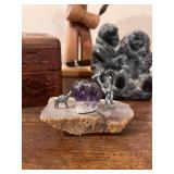 Lot of 3 Collectible Art Pieces: Wolf Original Soapstone, Amethyst Mine Panorama, and Cuba Drummer Sculpture