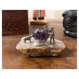 Lot of 3 Collectible Art Pieces: Wolf Original Soapstone, Amethyst Mine Panorama, and Cuba Drummer Sculpture