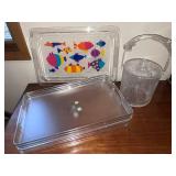 Set of 3 Lucite Serving Trays with Fish Print and Ice Bucket