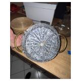 Set of 5 Wicker Bread Baskets and Glass Serving Dish with Metal Basket and Lid