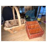 Lot of 2 Wicker Baskets - Divided Desk Organizer and Large Handle Basket
