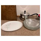 Kitchenware Collection: Glass Mixing Bowls, Farberware Saucepan, and Oval Serving Platter