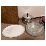 Kitchenware Collection: Glass Mixing Bowls, Farberware Saucepan, and Oval Serving Platter
