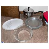 Kitchenware Collection: Glass Mixing Bowls, Farberware Saucepan, and Oval Serving Platter