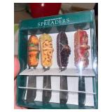 Fruit-Themed Ceramic Serving Platters with Boston Warehouse Cheese Spreaders and Glass Tray