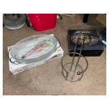 Kitchenware Set: Oval Baking Dish with Metal Holder, Silver Plated Oval Basket, and Metal Paper Towel Holder