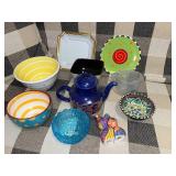 Eclectic Collection of Decorative Bowls, Plates, Teapot, and Abstract Salt & Pepper Shakers