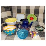Eclectic Collection of Decorative Bowls, Plates, Teapot, and Abstract Salt & Pepper Shakers