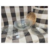 Collection of Glass Serving Bowls and Platter with Woven Basket