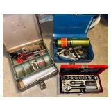 Collection of 3 Metal Toolboxes with Husky Socket Set, Propane Torch, and Assorted Hand Tools