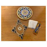 Set of Judaica Items with Star of David Wall Hanging, Ceramic Plaque, and Mezuzah with Scroll