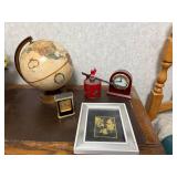 Decorative Desk Lot with Globe, Clocks, Oil Diffuser, and Framed Art