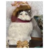 Collection of 7 Cat Figurines Including Ceramic, Resin, Glass, and Faux Fur