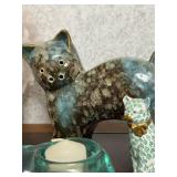 Collection of 7 Cat Figurines Including Ceramic, Resin, Glass, and Faux Fur
