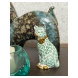Collection of 7 Cat Figurines Including Ceramic, Resin, Glass, and Faux Fur