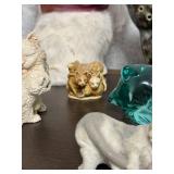 Collection of 7 Cat Figurines Including Ceramic, Resin, Glass, and Faux Fur
