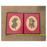 Pair of Framed Ink Drawings on Vintage Text Pages Signed by Artist