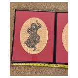 Pair of Framed Ink Drawings on Vintage Text Pages Signed by Artist