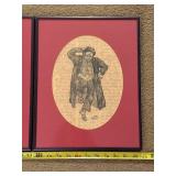 Pair of Framed Ink Drawings on Vintage Text Pages Signed by Artist