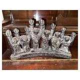 Vintage Black Cast Metal Menorah Candle Holder with Figures