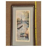 Framed Watercolor Print Paris La Tour Eiffel et la Seine Signed Delarue