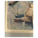 Framed Watercolor Print Paris La Tour Eiffel et la Seine Signed Delarue