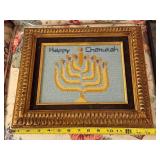 Framed Needlepoint Happy Chanukah Menorah Art and Shalom Wall Hanging