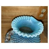 Blue Opalescent Hobnail Glass Pitcher with Clear Handle, 7 Inch Tall