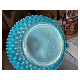 Blue Opalescent Hobnail Glass Pitcher with Clear Handle, 7 Inch Tall